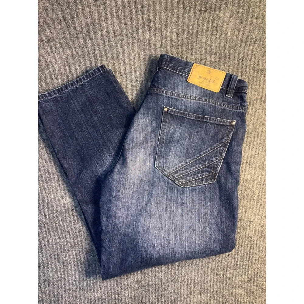 JEANIUS Akademiks Jeans Men 38 Blue Denim Stitch Distressed Stretch Straight Leg